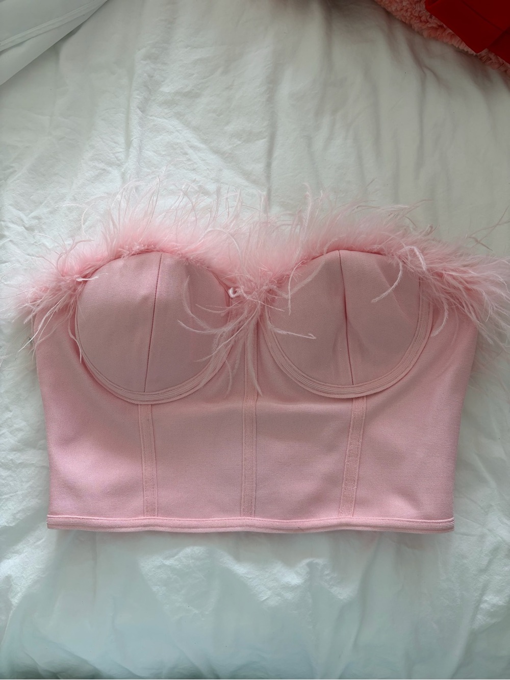 superdown Pink Feather-Trim Bustier Bandeau